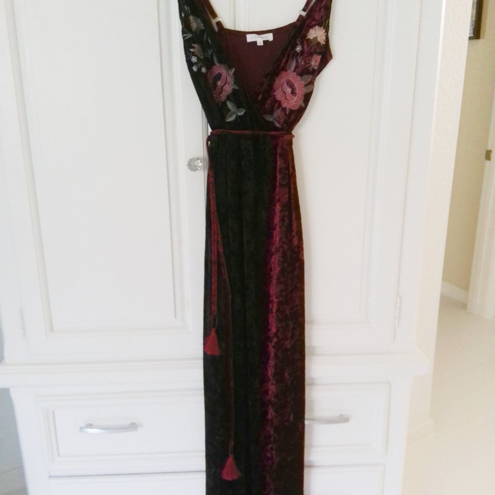 Lulumari Crushed Velvet Wine & Black Floral Wrap Maxi Dress